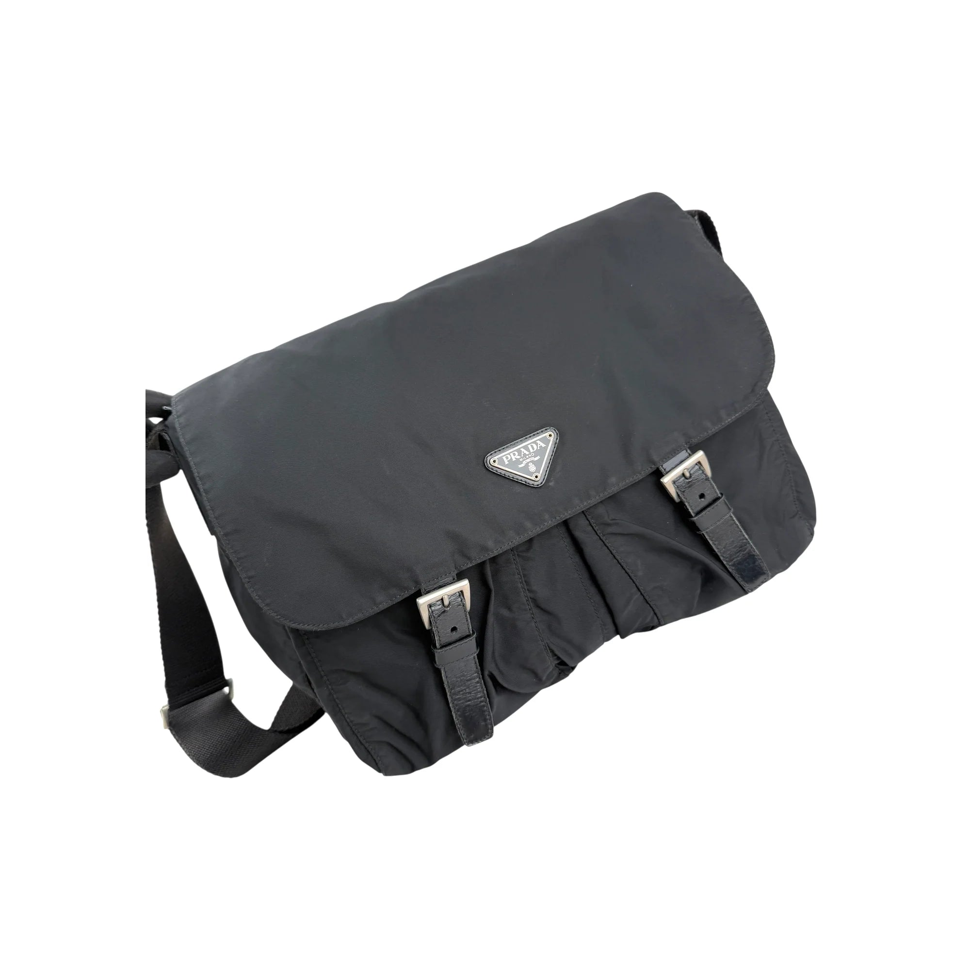 Prada Black Vela Nylon Buckle Messenger Bag