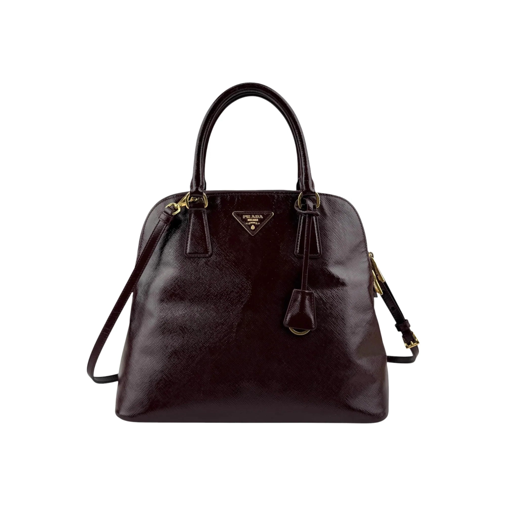 Prada Burgundy Saffiano Patent Leather Medium Promenade Satchel