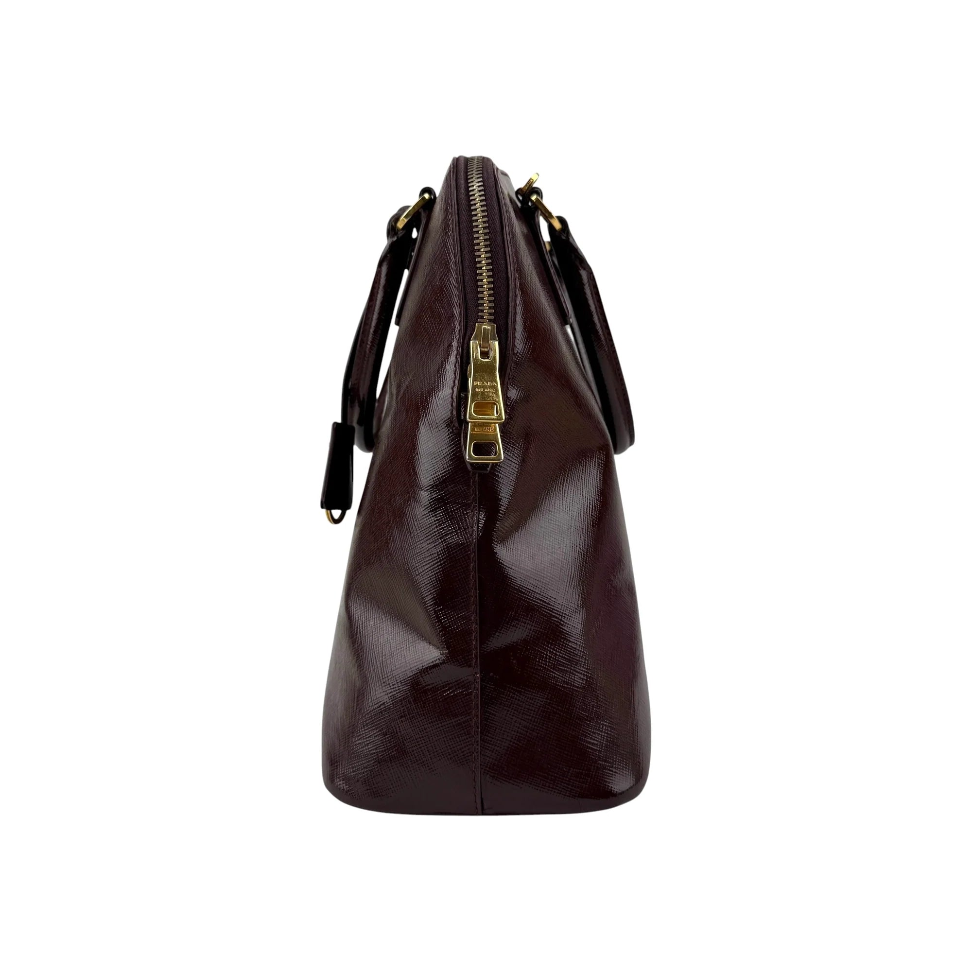 Prada Burgundy Saffiano Patent Leather Medium Promenade Satchel