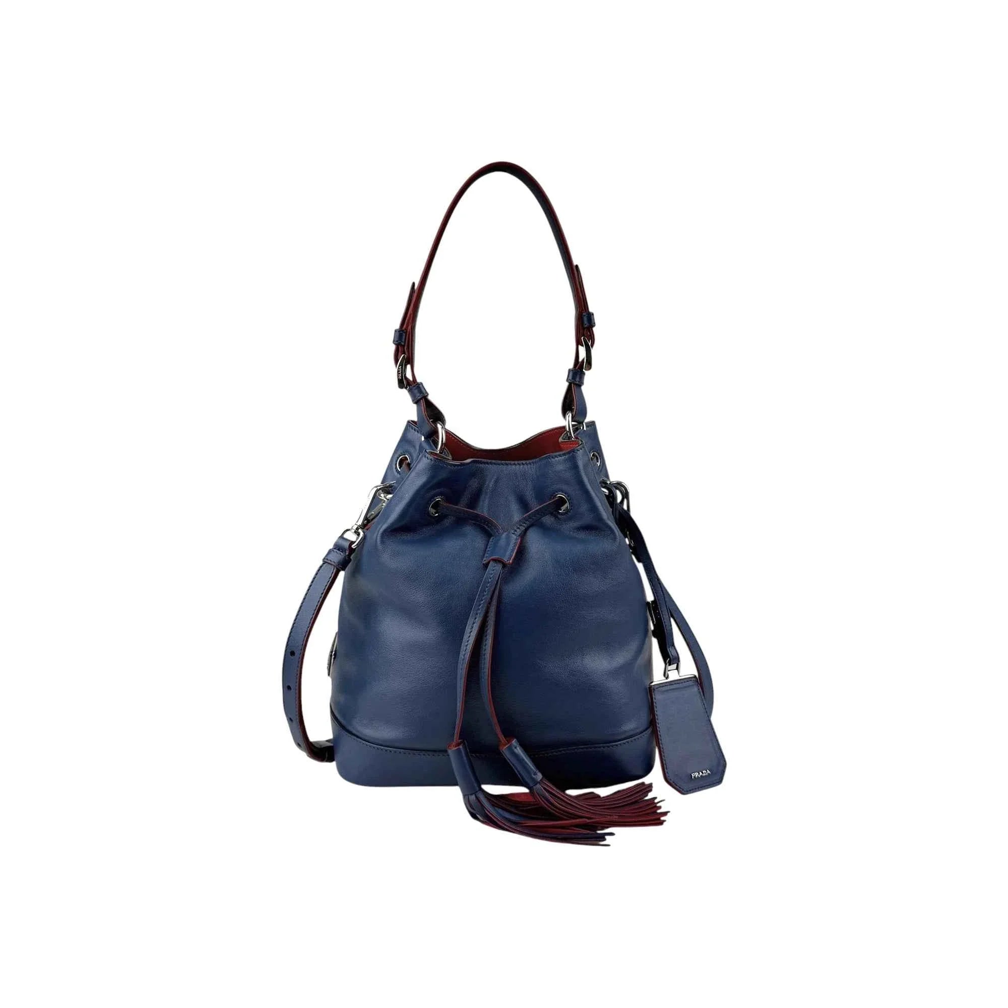 Prada Navy Leather Duet Drawstring Bucket Bag with Red Trim
