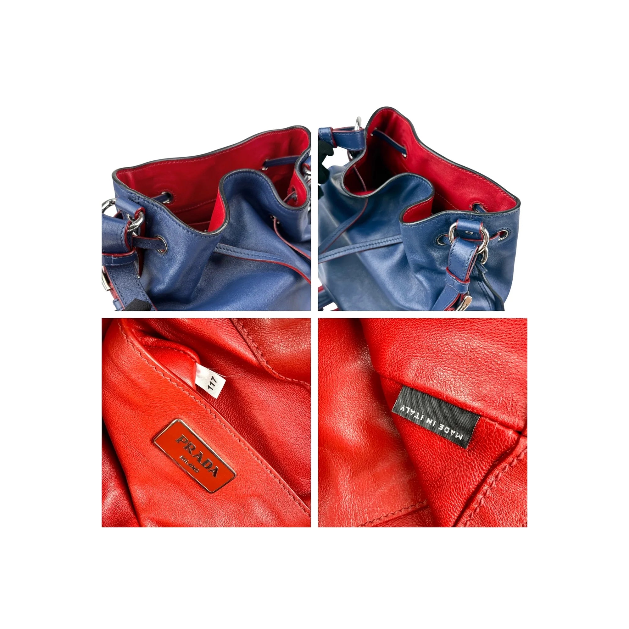 Prada Navy Leather Duet Drawstring Bucket Bag with Red Trim