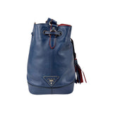 Prada Navy Leather Duet Drawstring Bucket Bag with Red Trim
