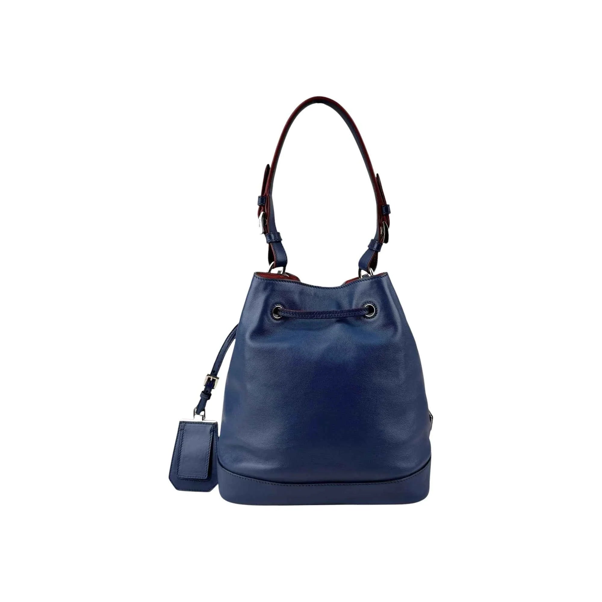 Prada Navy Leather Duet Drawstring Bucket Bag with Red Trim