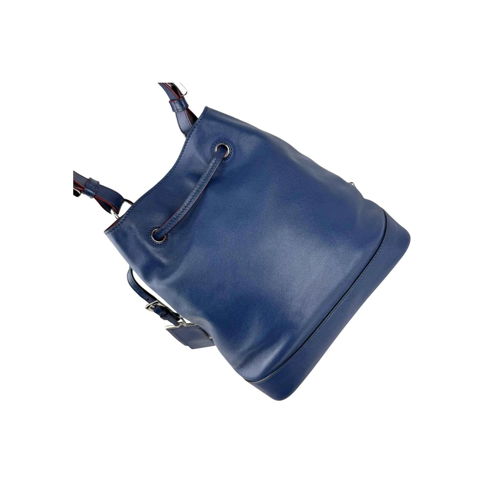 Prada Navy Leather Duet Drawstring Bucket Bag with Red Trim
