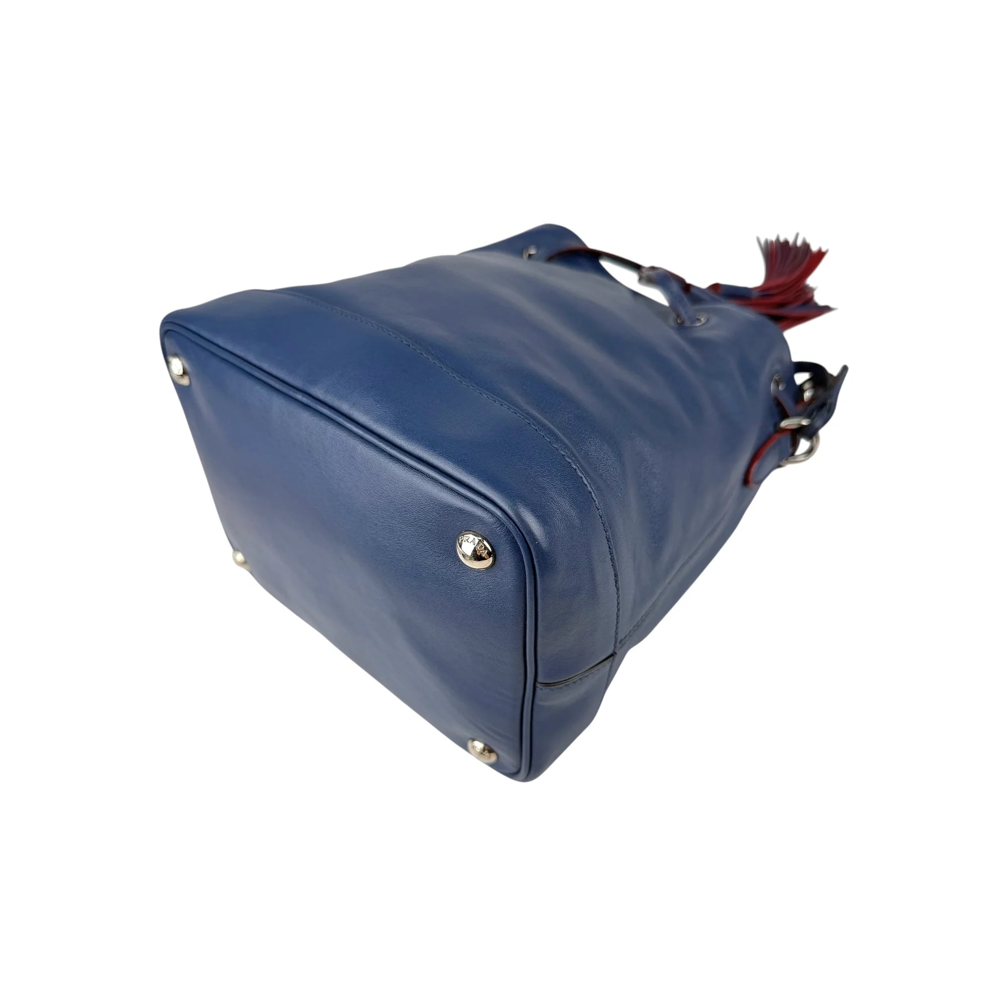 Prada Navy Leather Duet Drawstring Bucket Bag with Red Trim