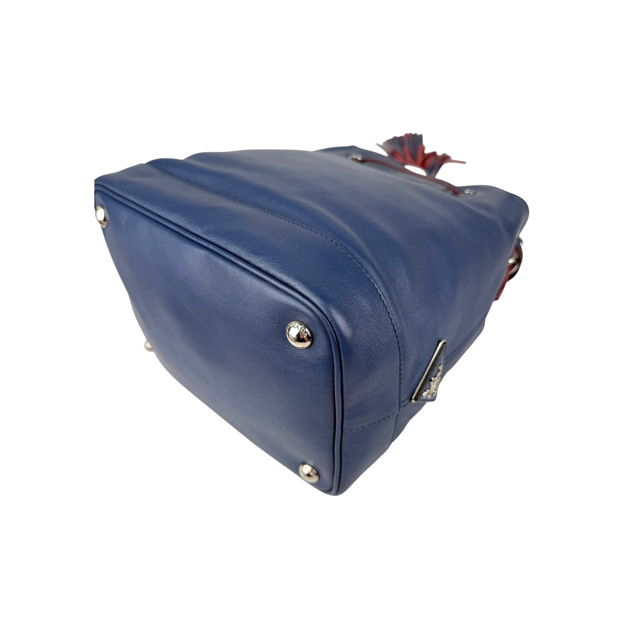 Prada Navy Leather Duet Drawstring Bucket Bag with Red Trim
