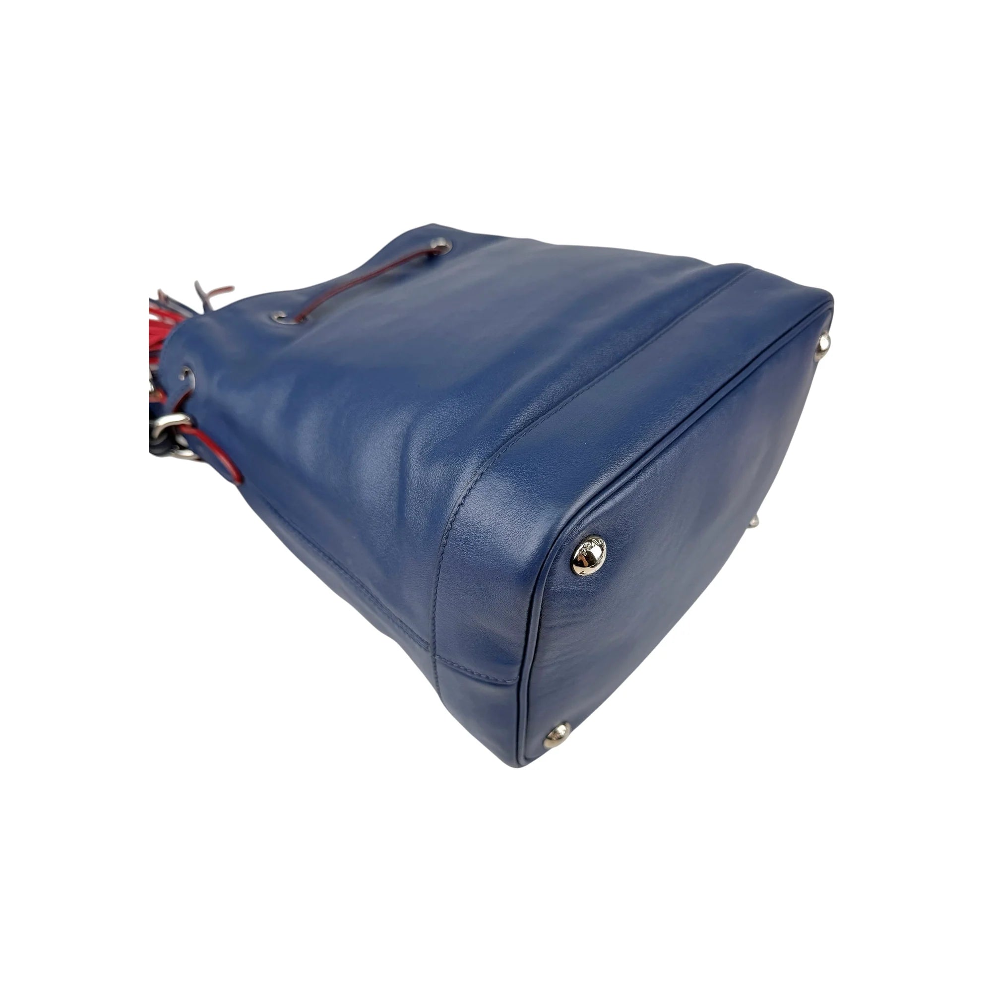 Prada Navy Leather Duet Drawstring Bucket Bag with Red Trim