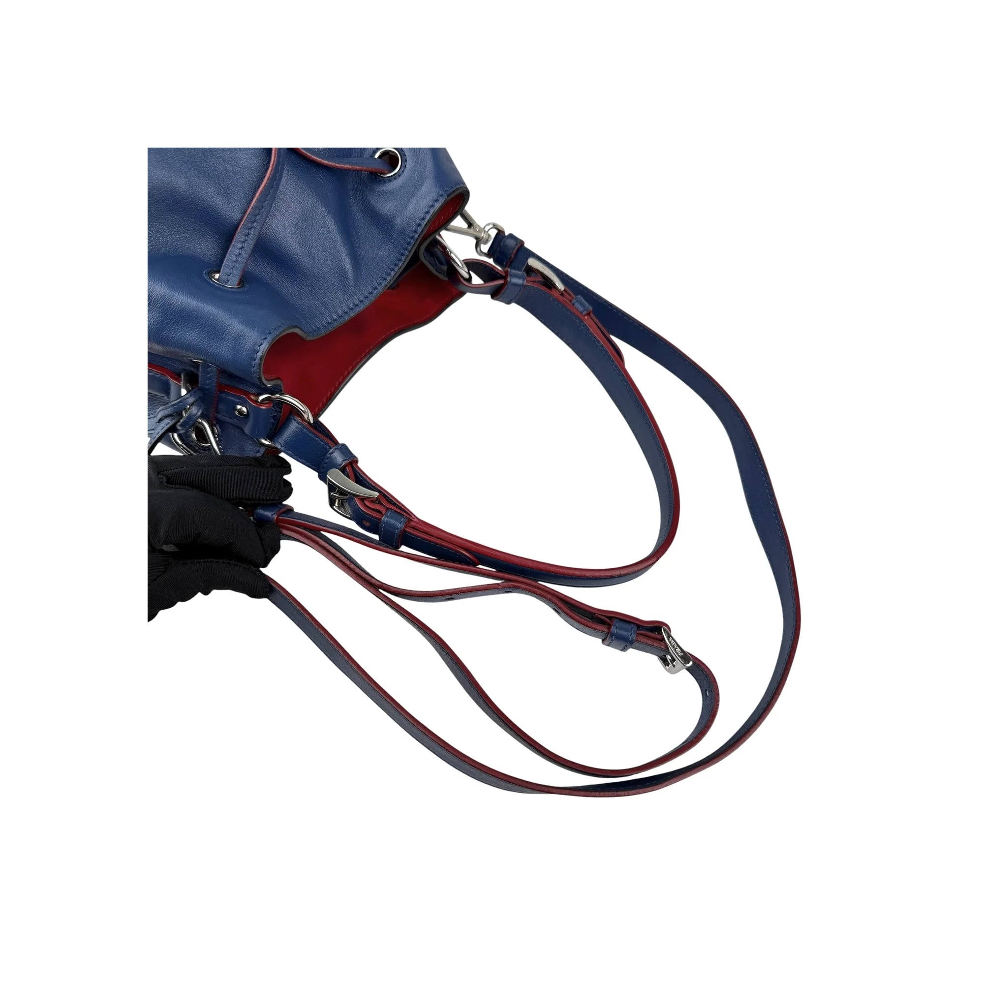 Prada Navy Leather Duet Drawstring Bucket Bag with Red Trim