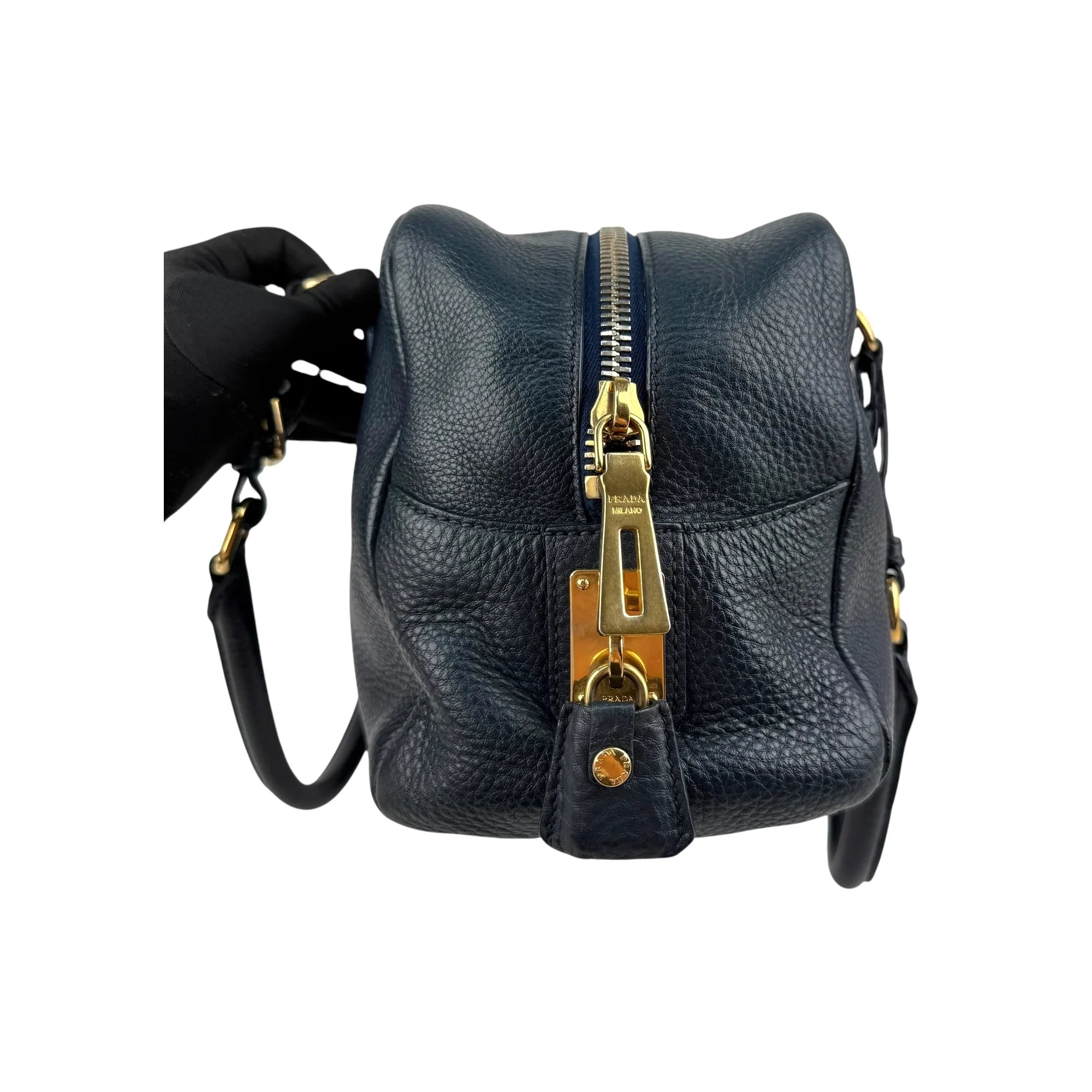 Prada Navy Pebbled Leather Bauletto handbag
