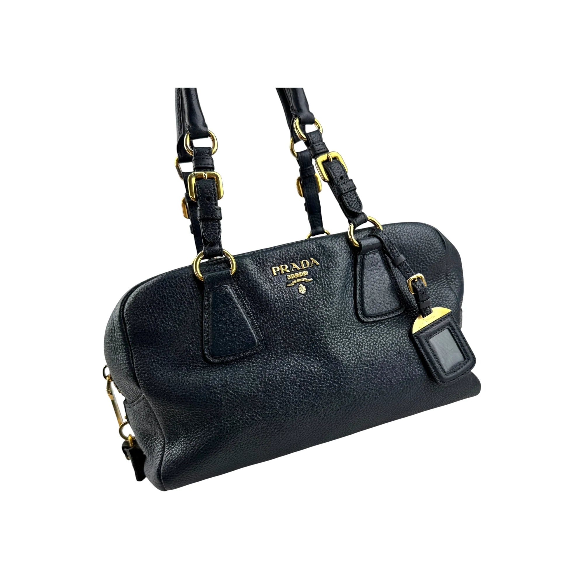 Prada Navy Pebbled Leather Bauletto handbag