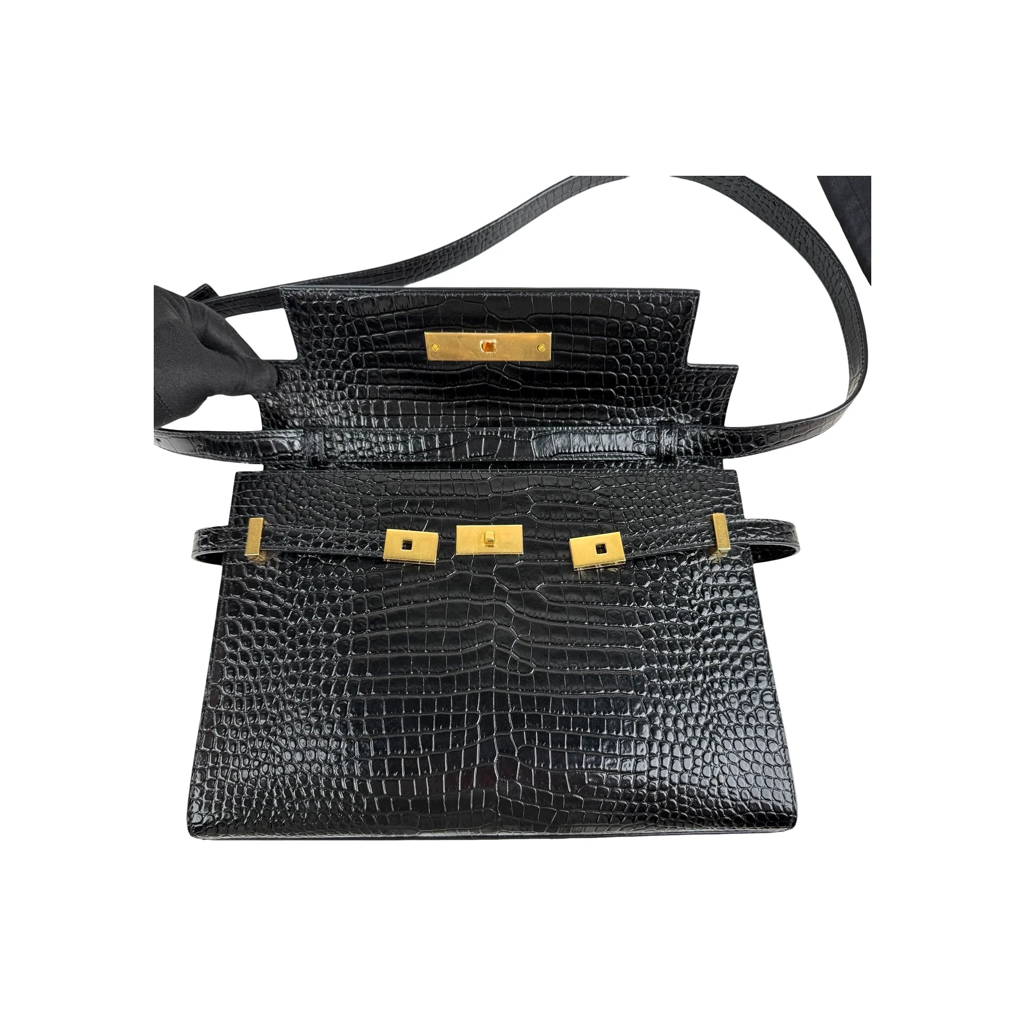 Saint Laurent Black Crocodile Embossed Patent Leather Manhattan Small Flap Bag