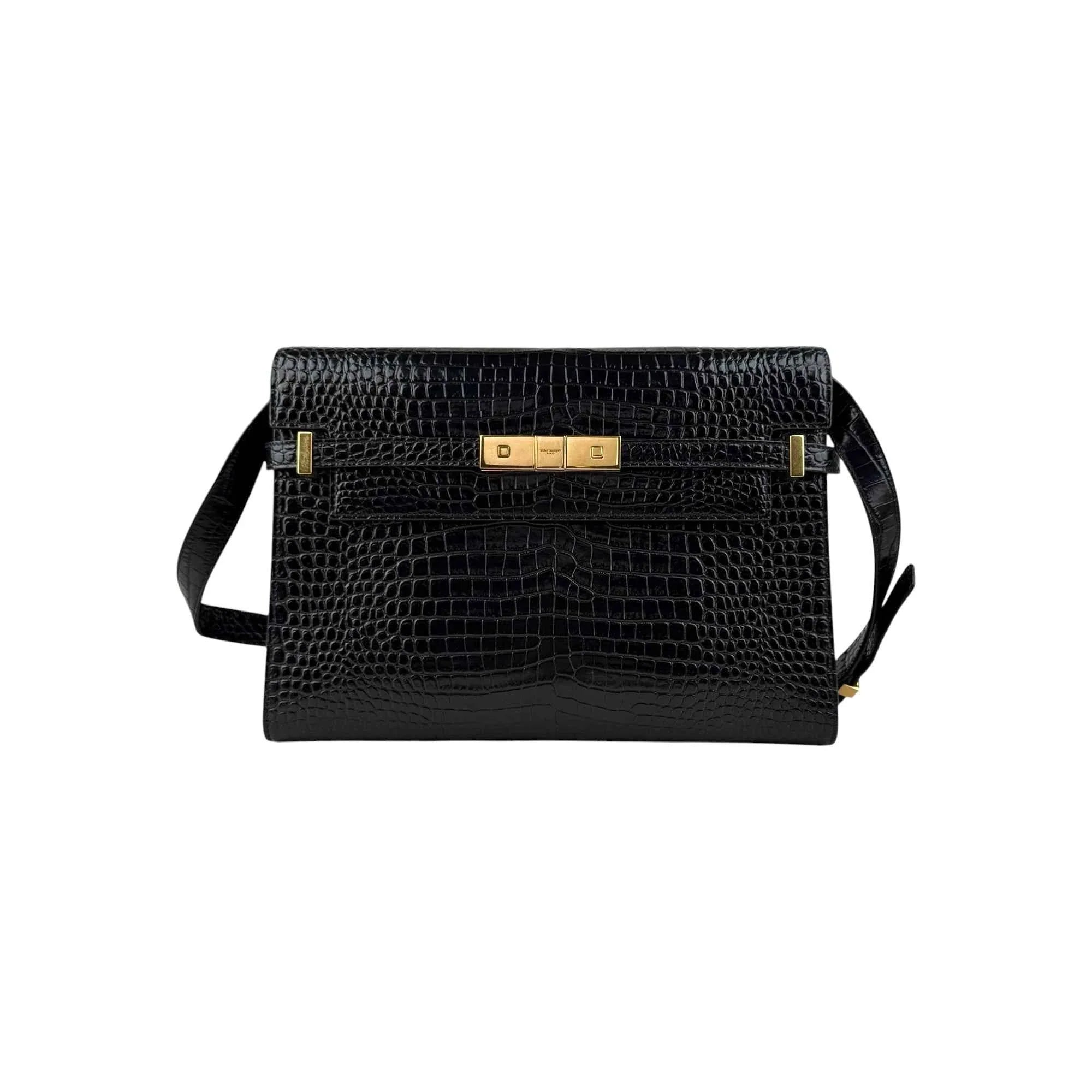 Saint Laurent Black Crocodile Embossed Patent Leather Manhattan Small Flap Bag