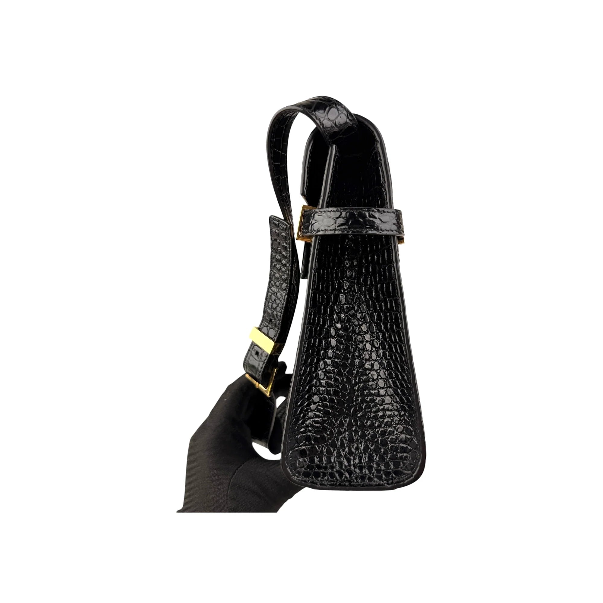 Saint Laurent Black Crocodile Embossed Patent Leather Manhattan Small Flap Bag
