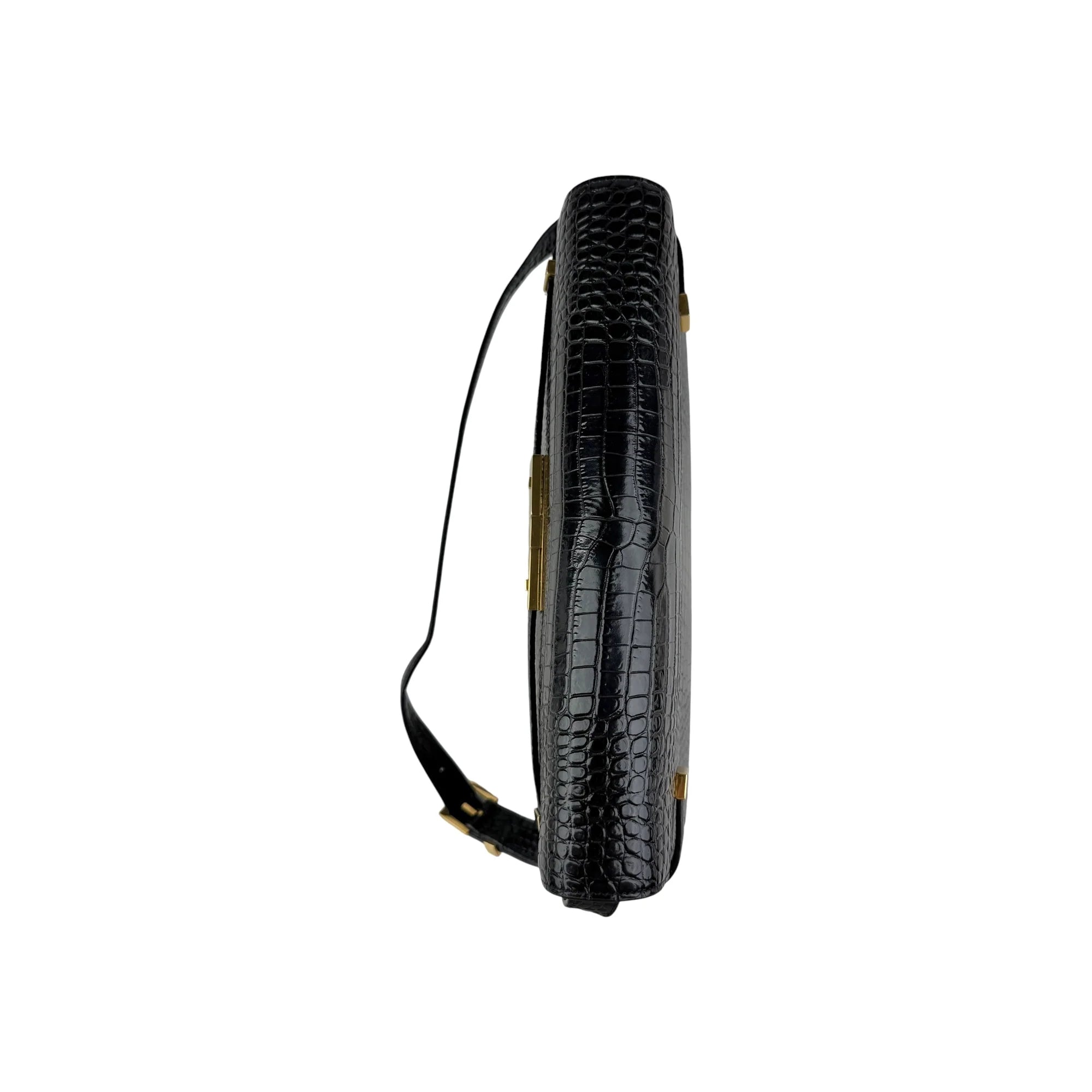 Saint Laurent Black Crocodile Embossed Patent Leather Manhattan Small Flap Bag