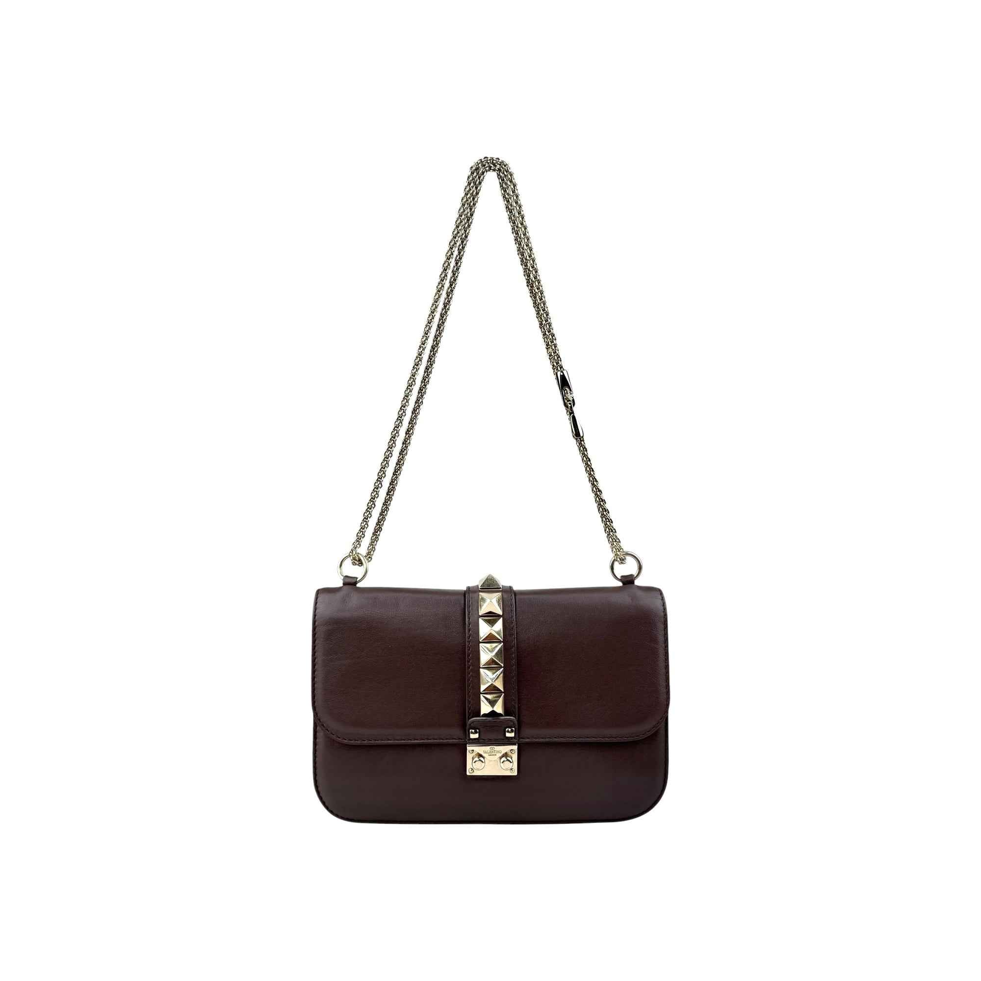 Valentino Brown Leather Medium Rockstud Glam Lock Flap Bag