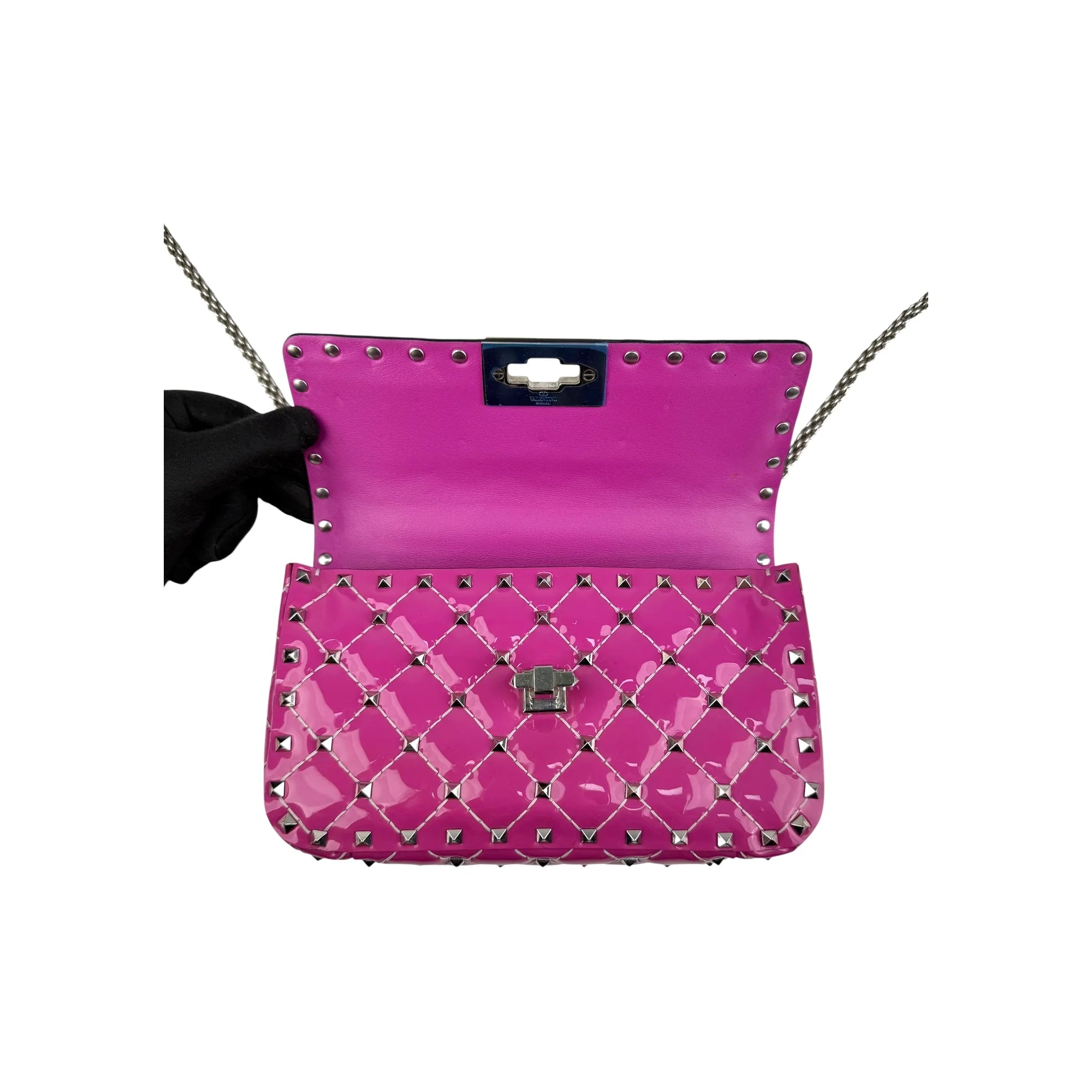 Valentino Pink Quilted Patent Leather Rockstud Spike Chain Shoulder Bag
