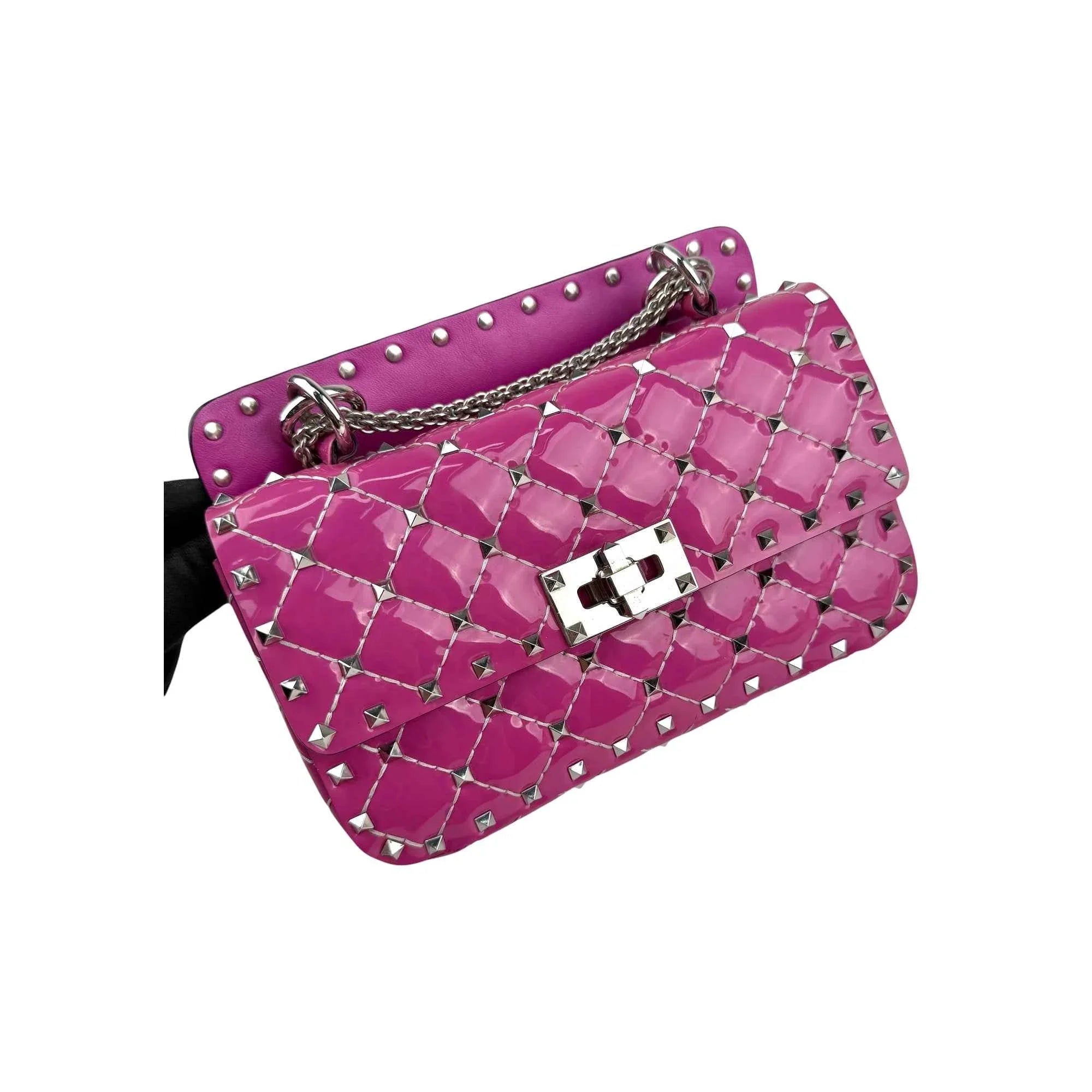 Valentino Pink Quilted Patent Leather Rockstud Spike Chain Shoulder Bag