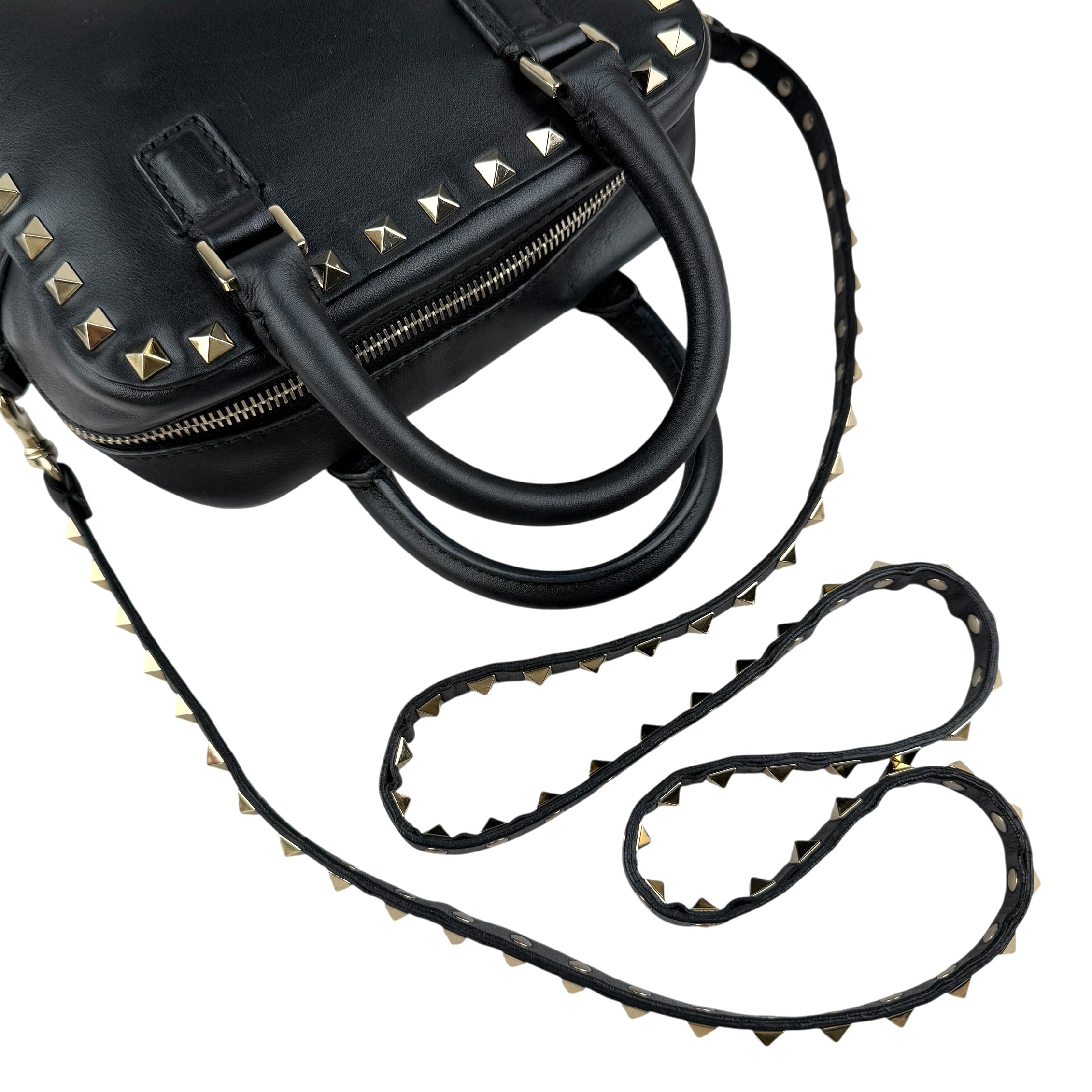 valentino black leather rockstud crossbody bag handle detail