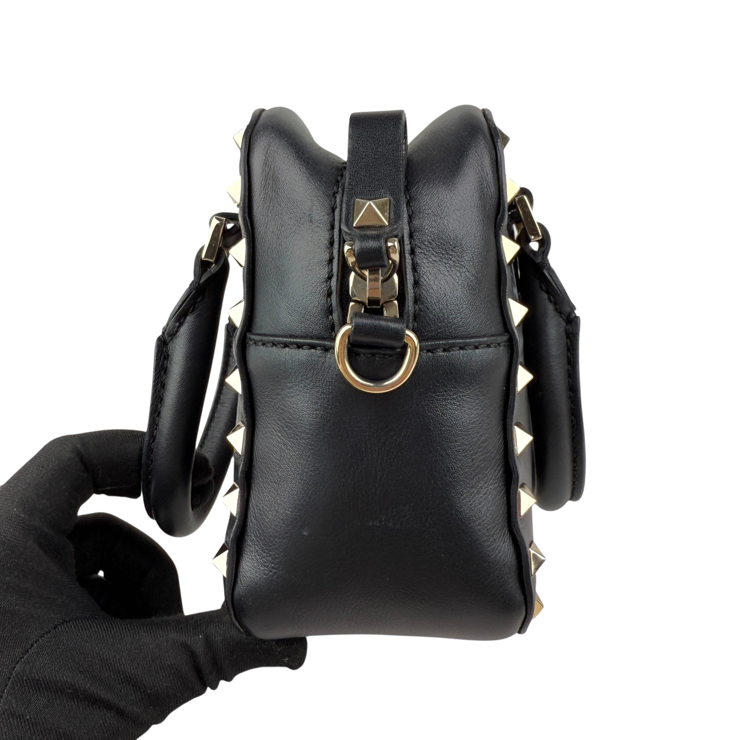 valentino black leather rockstud crossbody bag left
