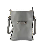 valentino grey leather rockstud trapeze handbag left